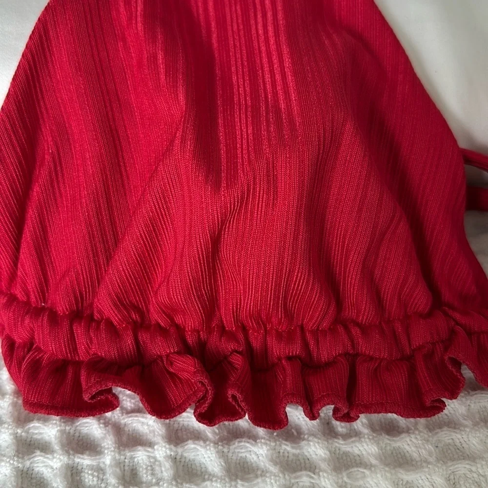 ARO Red Ruffle Textured Ribbed Triangle String Bikini Top